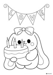 Cute Bunny Coloring Page Holding Cake Under LOVE Banner