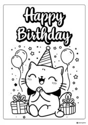 Cute Cat Birthday Coloring Page with Balloons and Gifts