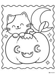 Cute Cat on Pumpkin Coloring Page with Moon and Stars