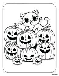 Cute Cat on Pumpkin Stack Coloring Page with Jack o Lanterns