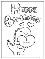 Cute Dinosaur Birthday Coloring Sheet with Heart and Cake