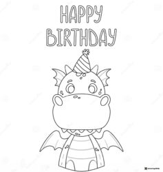 Cute Dragon Birthday Coloring Page with Party Hat
