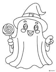 Cute Ghost Coloring Page in Witch Hat with Lollipop