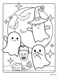 Cute Ghosts Coloring Page with Moon Stars and Jack o Lantern