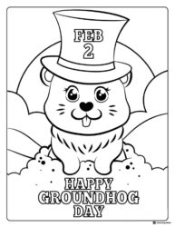 Cute Groundhog Coloring Page with Top Hat and Feb 2 Sign