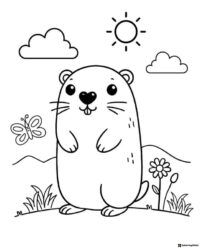 Cute Groundhog Coloring Sheet with Sun and Butterfly