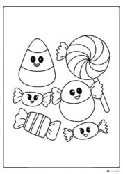 Cute Halloween Candy Coloring Page with Happy Faces