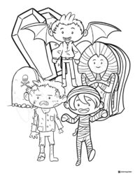 Cute Halloween Characters Coloring Page with Mummy and Vampire