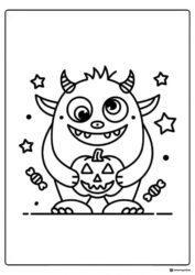 Cute Monster Coloring Page with Pumpkin and Halloween Candy