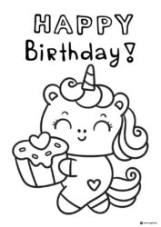 Cute Unicorn Birthday Coloring Page with Heart Cupcake