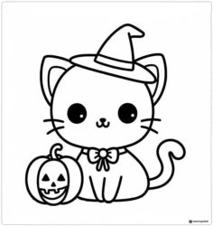 Cute Witch Cat Coloring Page with Pumpkin and Bow Tie