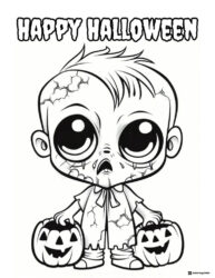 Cute Zombie Coloring Page Holding Two Pumpkin Buckets