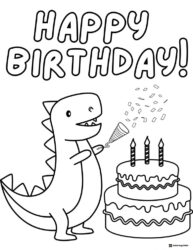 Dinosaur Coloring Page with Cake and Party Confetti