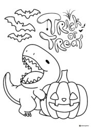 Dinosaur Coloring Page with Pumpkin and Trick or Treat Text