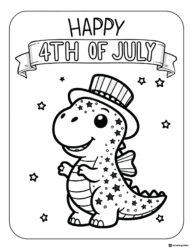 Dinosaur Coloring Page with Top Hat and 4th of July Stars