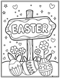 Easter Sign Coloring Sheet with Decorated Eggs and Flowers