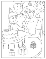 Family Birthday Party Coloring Page with Cake and Presents
