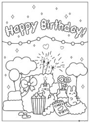 Fluffy Animal Birthday Coloring Page with Snacks and Fireworks