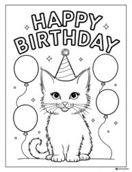 Fluffy Kitten Birthday Coloring Page with Balloons