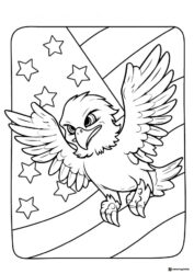 Flying Bald Eagle Coloring Page with Stars and Flag Background
