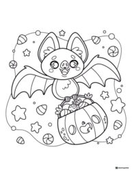 Flying Bat Coloring Page with Pumpkin Candy Bucket
