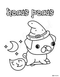 Flying Witch Dog Coloring Page with Moon and Hocus Pocus Text