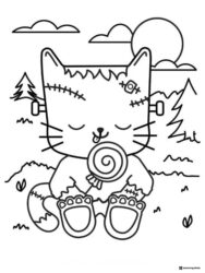 Frankenstein Cat Coloring Page Holding Candy in Spooky Field
