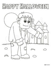 Frankenstein Coloring Page with Castle and Happy Halloween Text