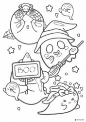Ghost Parade Coloring Page with Boo Sign and Witch Hat