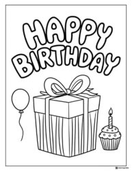 Gift and Cupcake Birthday Coloring Page with Balloon