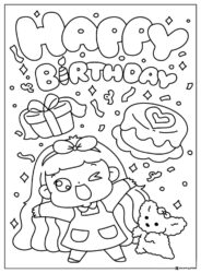 Girl and Puppy Birthday Coloring Page with Cake and Confetti