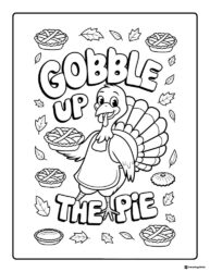 Gobble Up the Pie Turkey Coloring Page with Apron and Dessert Pies