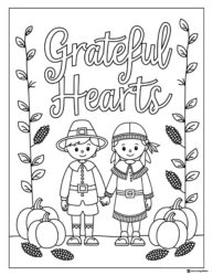 Grateful Hearts Coloring Sheet with Pilgrim and Native Kids