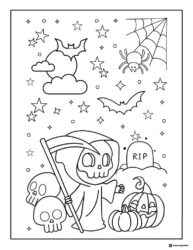 Grim Reaper Coloring Page with Skulls Bats and Tombstone