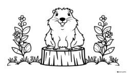 Groundhog Coloring Page on Tree Stump with Flowers