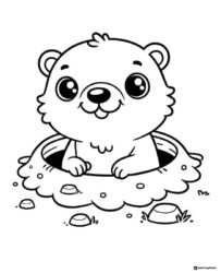 Groundhog Coloring Page with Big Eyes Peeking from Burrow