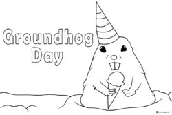 Groundhog Day Coloring Page with Ice Cream and Party Hat