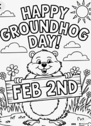 Groundhog Day Coloring Page with Sign and Flowers