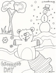 Groundhog Day Coloring Page with Snowman and Winter Scene