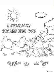 Groundhog Day Coloring Page with Top Hat and Flowers