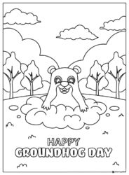 Groundhog Day Coloring Page with Trees and Popping Groundhog