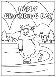 Groundhog Day Coloring Sheet with Ice Skating Scene