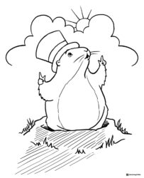 Groundhog with Top Hat Pointing at Sun Coloring Page