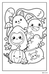 Halloween Characters Coloring Page with Ghosts and Potions