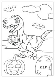 Halloween Dinosaur Coloring Page with Pumpkins and Bats