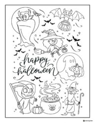 Halloween Scene Coloring Sheet with Witch Ghost and Bat