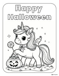 Halloween Unicorn Coloring Page with Candy Pumpkin Bag