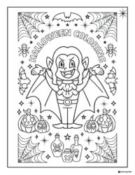 Halloween Vampire Coloring Page with Pumpkins and Potions