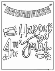 Happy 4th of July Coloring Page with Flag Garland and Stars