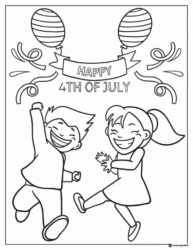 Happy 4th of July Coloring Page with Kids and Balloons